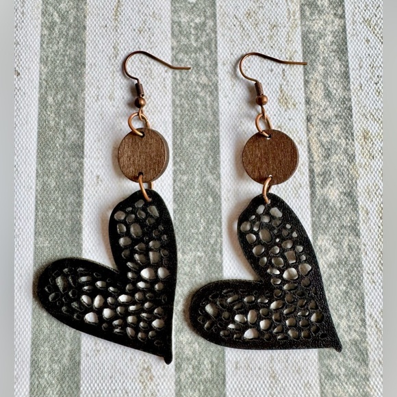 New Vegan Leather Black Heart & Wooden Disk Boho Statement Earrings - 3.25” - Picture 1 of 5